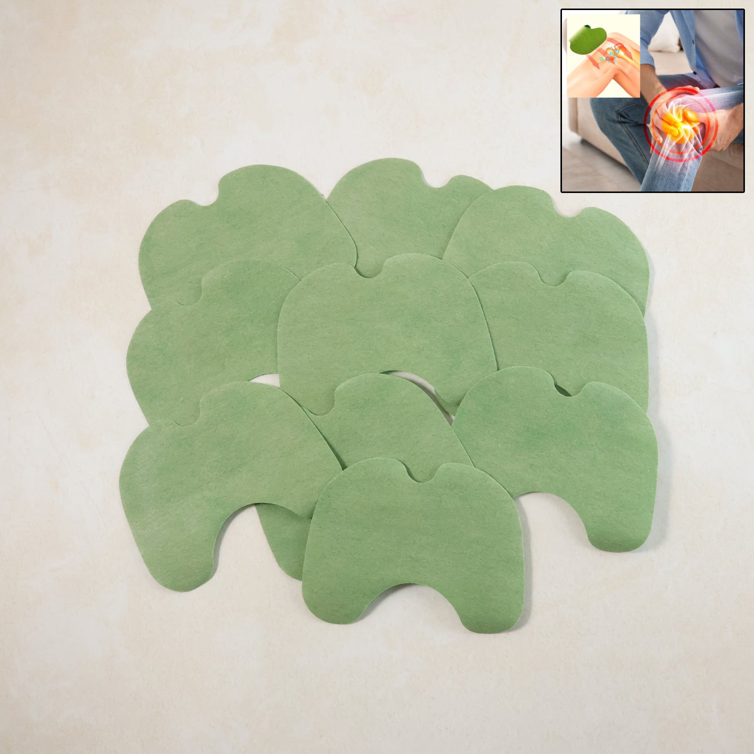 Set of 10 Wukusy herbal-infused adhesive knee relief patches displayed in a box, designed for pain relief and support.