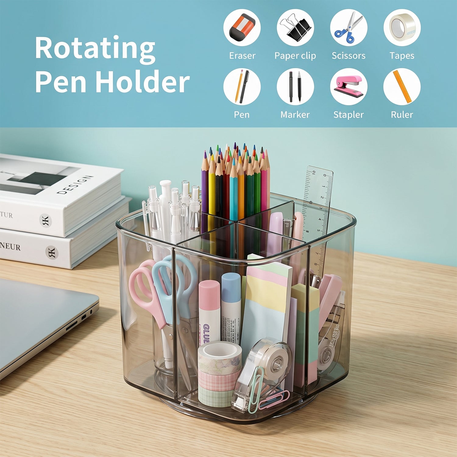 Wukusy Supermom Vista revolving pen holder with 360-degree rotation, black plastic desk organizer for pens and stationery.