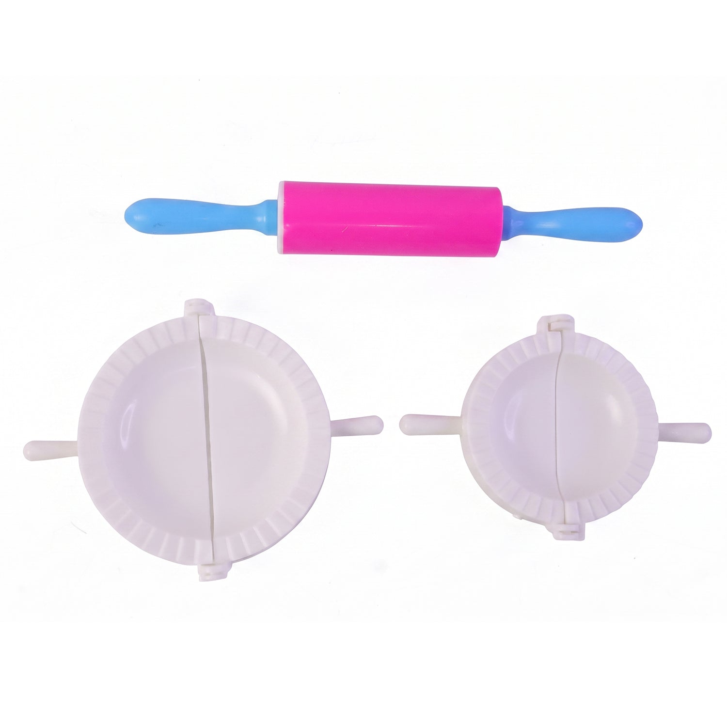 Wukusy dumpling maker mould set with mini rolling pin for momo and gujiya, featuring metal moulds and a small rolling pin for shaping.