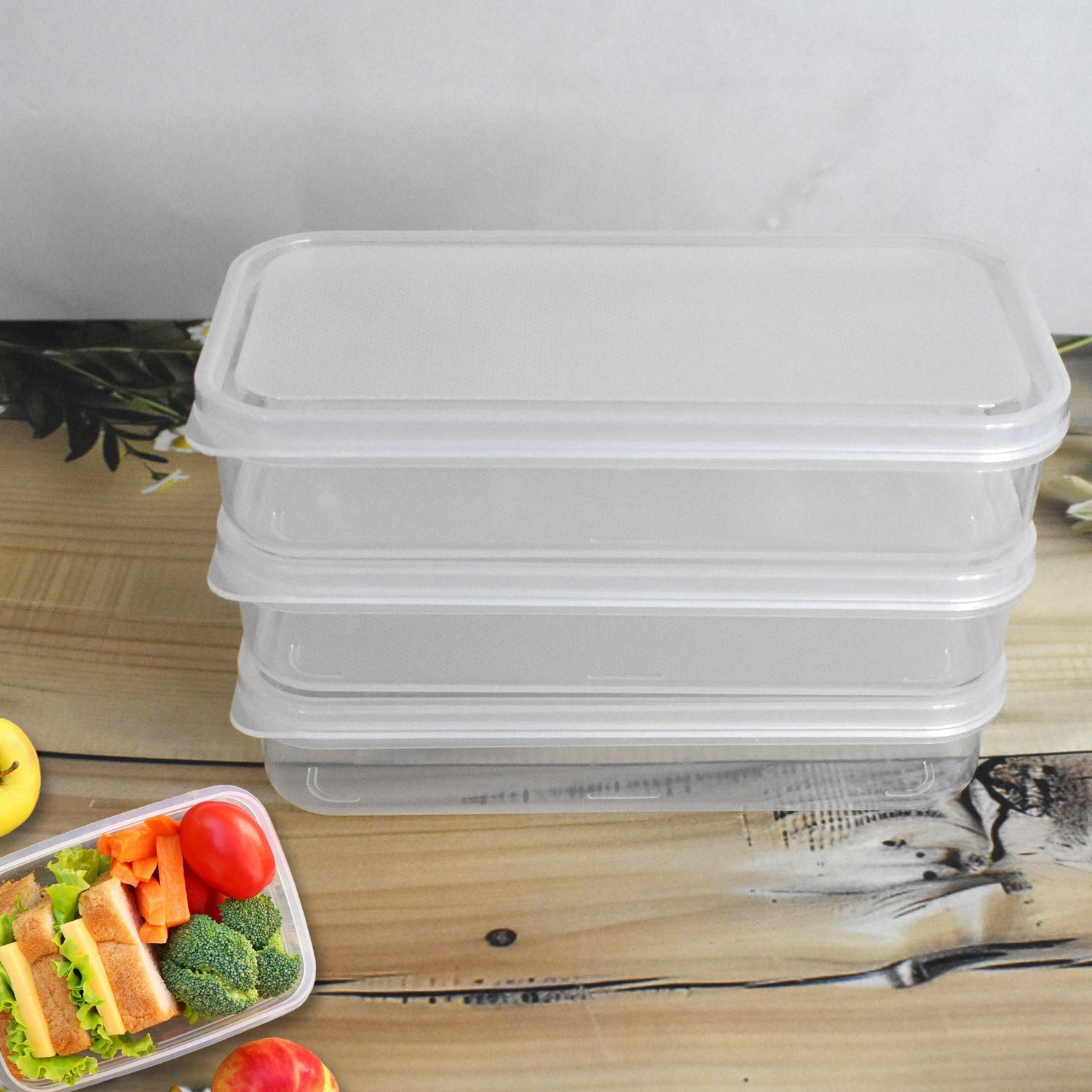 Wukusy plastic square lunch box set with three kitchen containers, featuring secure lids for food storage and organization.