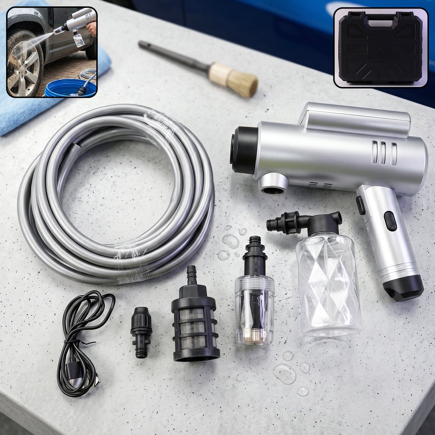 Wukusy high pressure cordless car washer gun kit with hose and foam attachment, portable for outdoor cleaning.