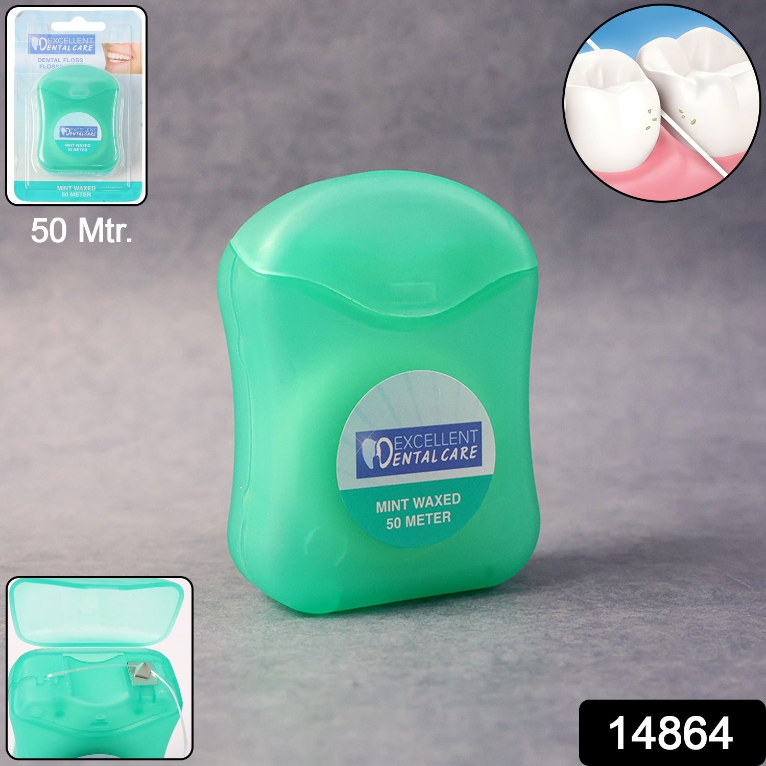 Wukusy Mint Waxed Dental Floss 50 meters, health and beauty product, showing the packaged floss with mint scent in a clear container.