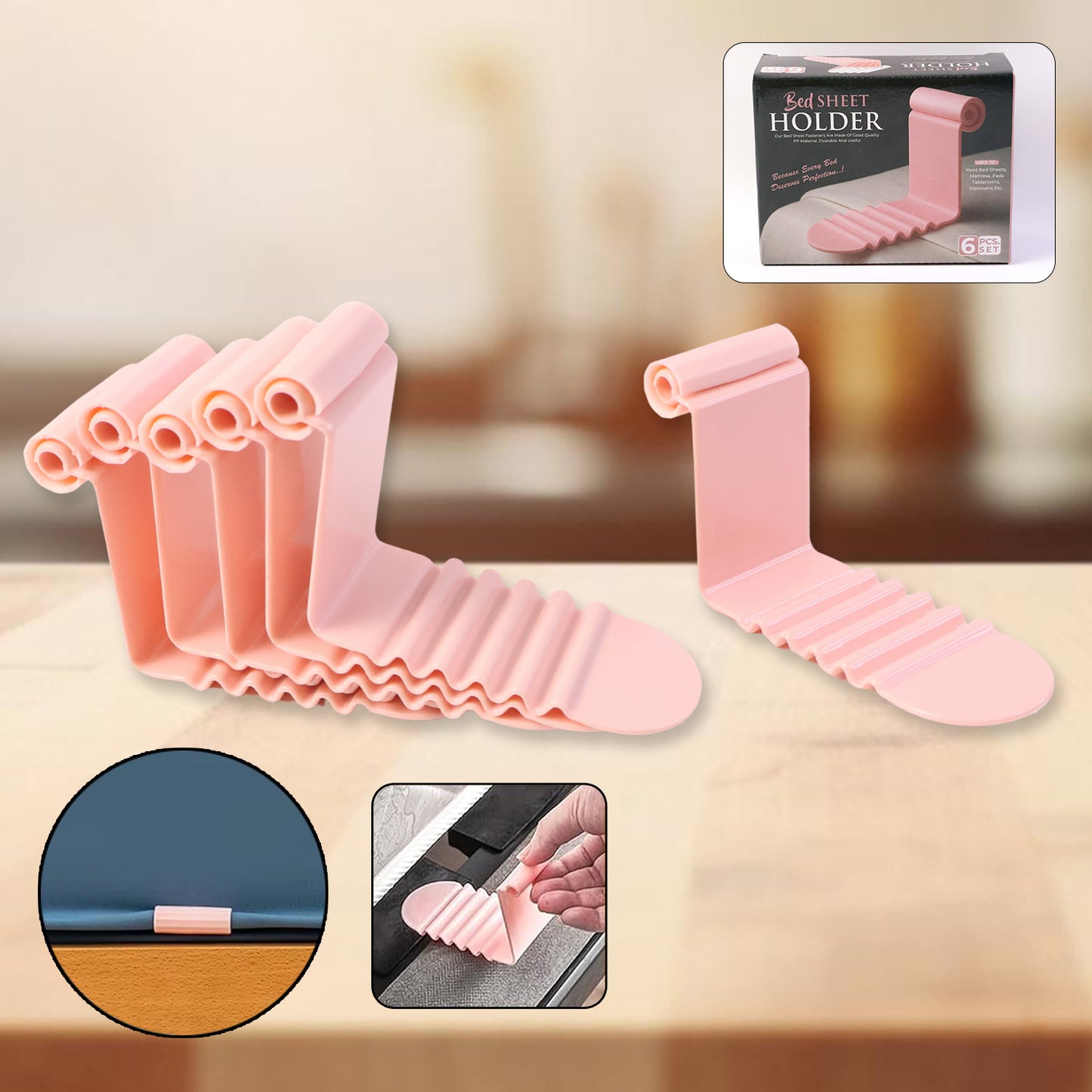 Set of six Wukusy universal bed sheet holder clips, designed to secure sheets and prevent slipping on the mattress.