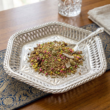 Decorative silver Wukusy serving tray with traditional embossed floral design, showcasing intricate floral patterns and elegant craftsmanship.