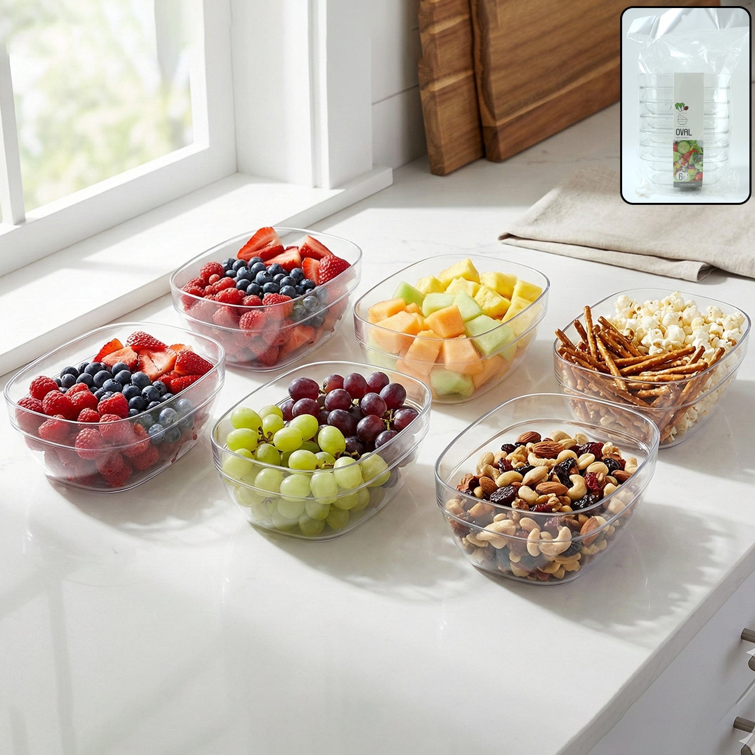 Six transparent Wukusy multipurpose serving and storage bowls set, showcasing clear plastic bowls with lids for kitchen organization.
