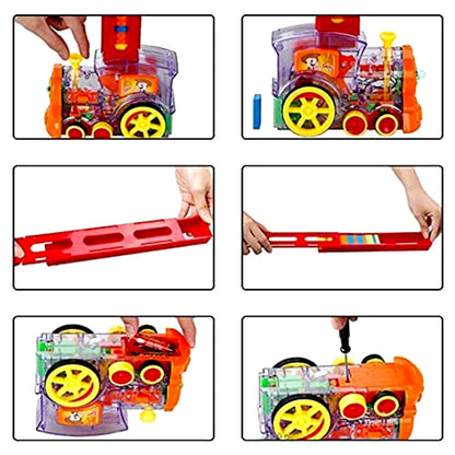 Wukusy 4887 transparent toy train set with colorful blocks, lights, and music for kids, featuring a fun engine and automatic train design
