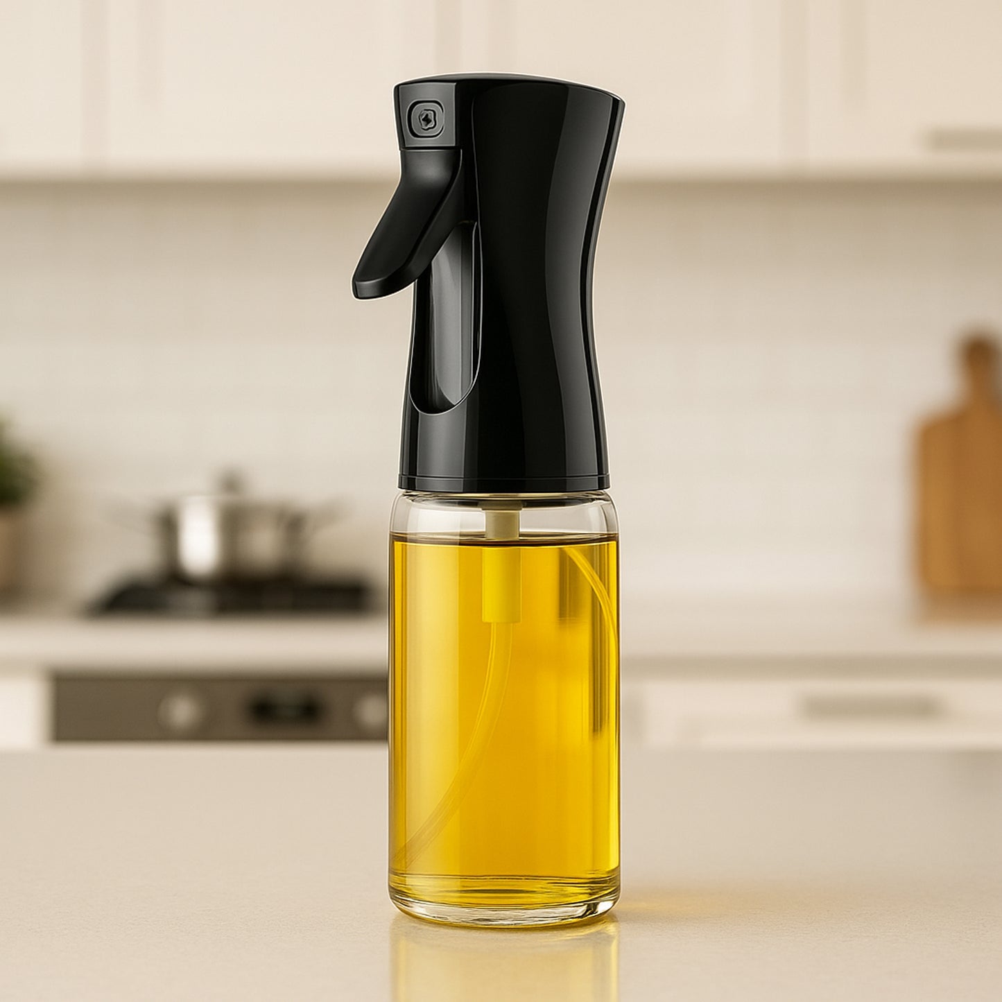 Wukusy glass oil spray bottle, 300ml, clear and sleek with a spray nozzle, ideal for cooking and kitchen use.