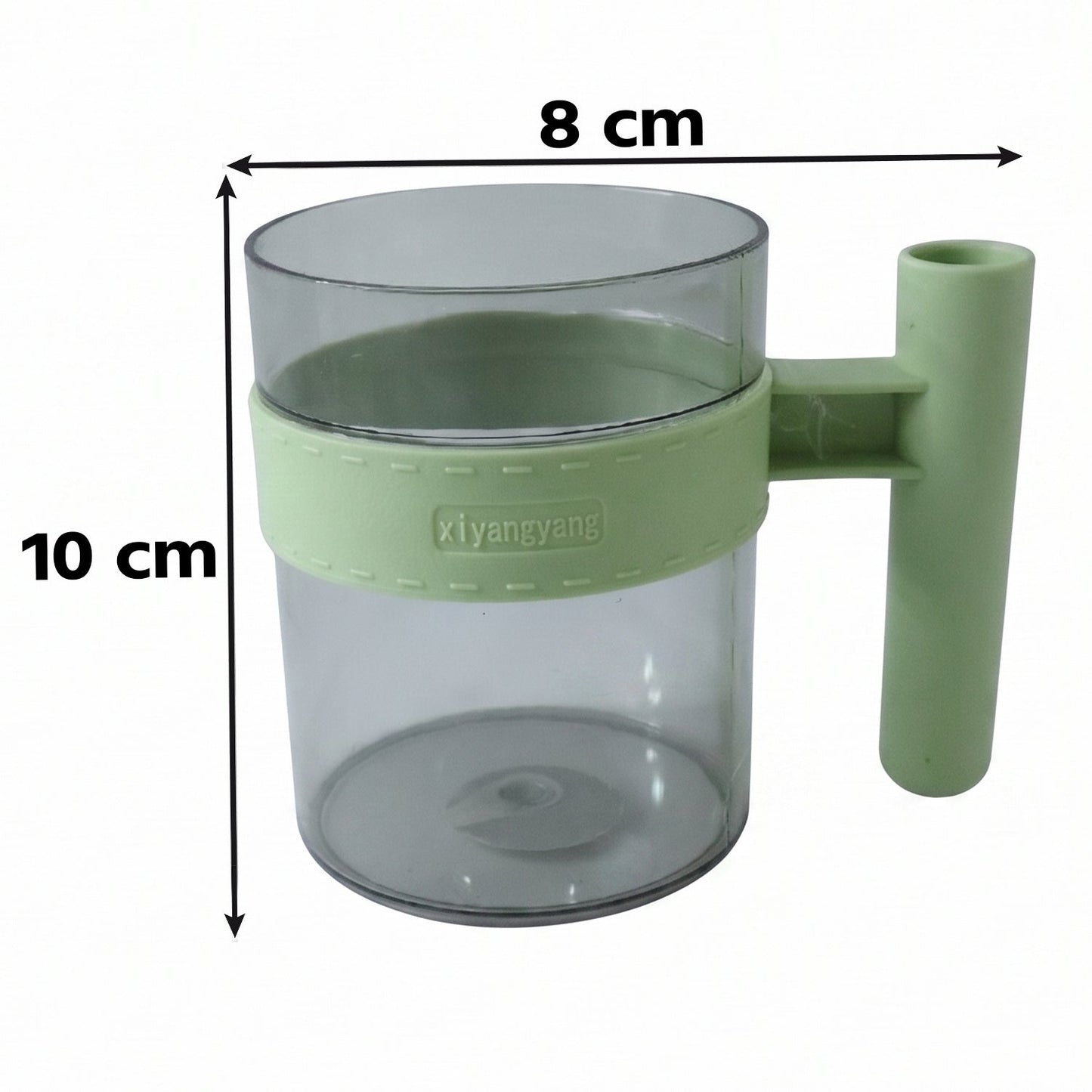 Clear plastic reusable cup with handle, suitable for water, tea, and coffee, by Wukusy, showing a transparent mug with a sturdy handle.