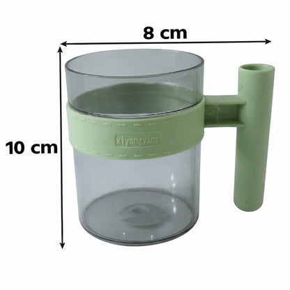 Clear plastic reusable cup with handle, suitable for water, tea, and coffee, by Wukusy, showing a transparent mug with a sturdy handle.