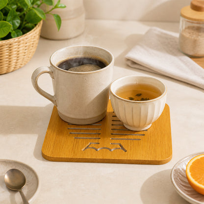 Square Wooden Trivet Mat With Cut Out Design For Hot Pots (1 Pc)