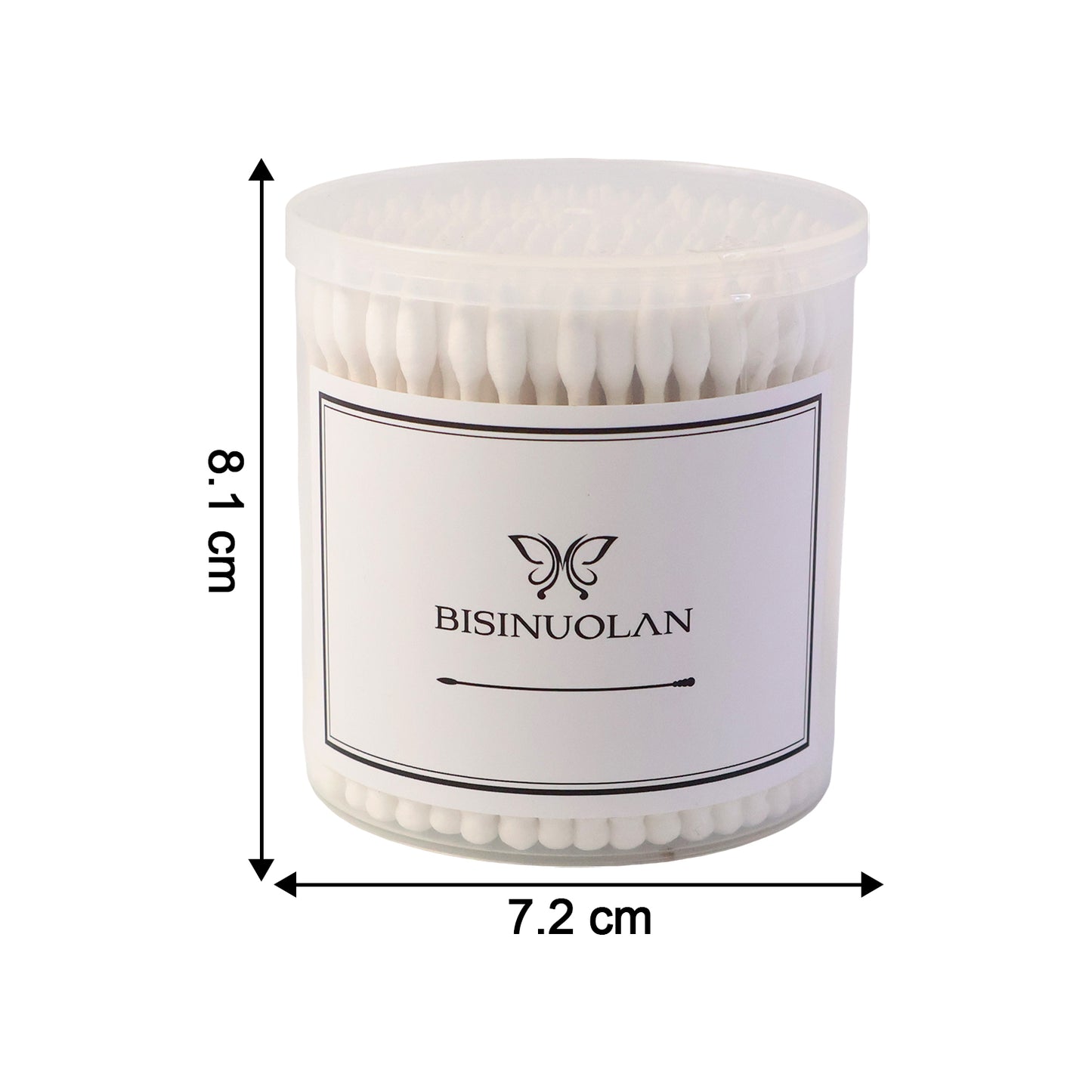 Wukusy cotton ear buds set with 200 pieces, showing soft cotton tips and plastic stems in a clear container.