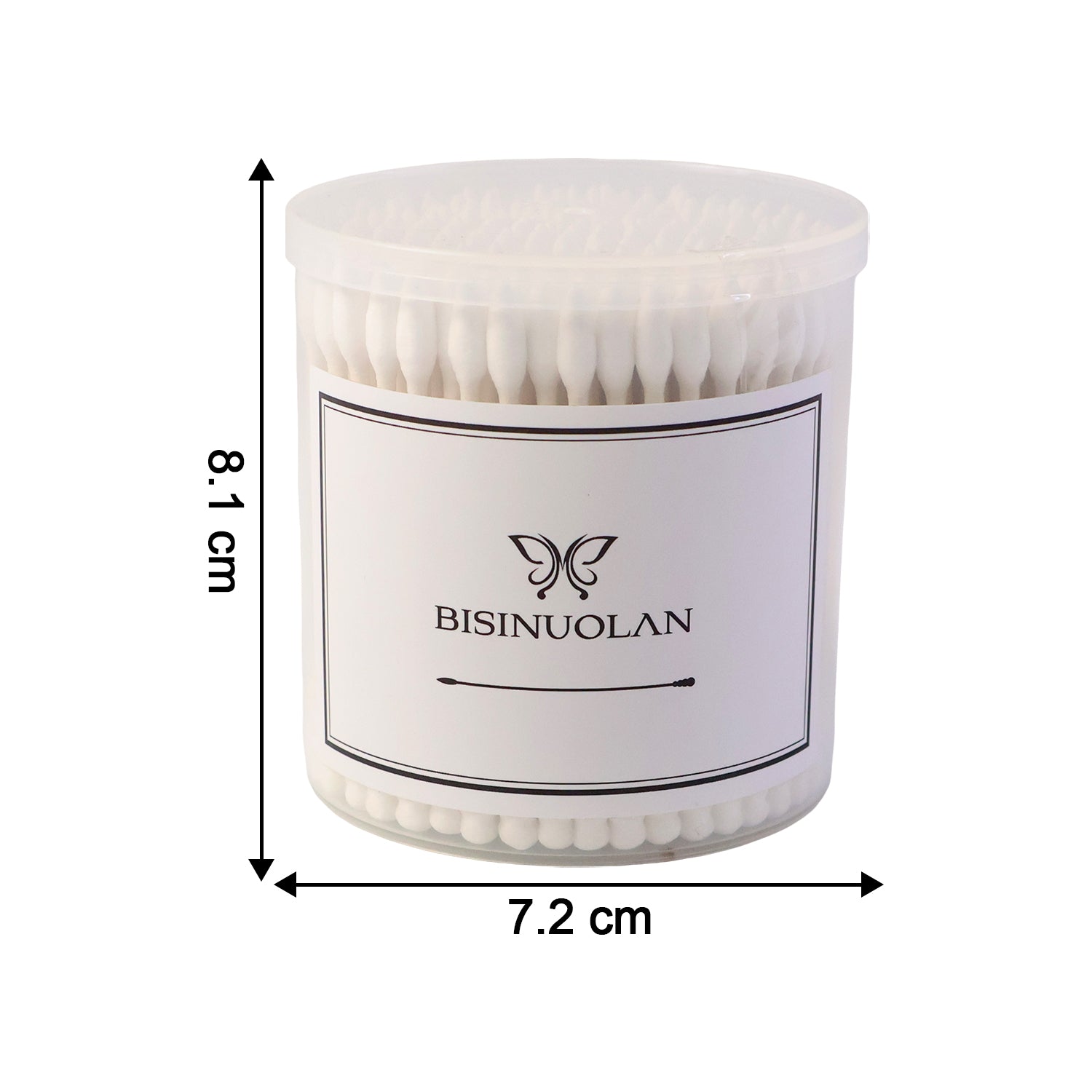 Wukusy cotton ear buds set with 200 pieces, showing soft cotton tips and plastic stems in a clear container.