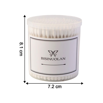 Wukusy cotton ear buds set with 200 pieces, showing soft cotton tips and plastic stems in a clear container.