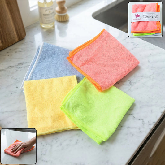 Set of four Wukusy microfiber cleaning cloths, 29x30 cm, in various colors, ideal for kitchen, glass, and surface cleaning.