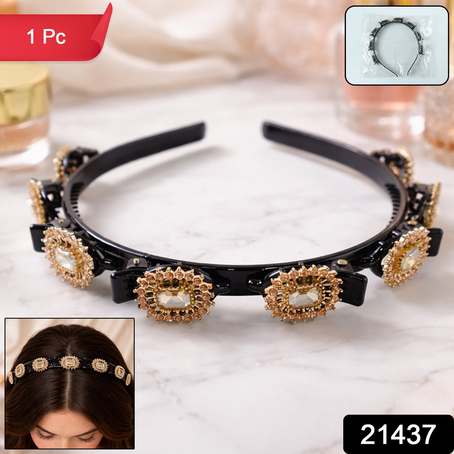 Wukusy premium gold stone studded designer hair band with elegant detailing, perfect for stylish hair accessories.