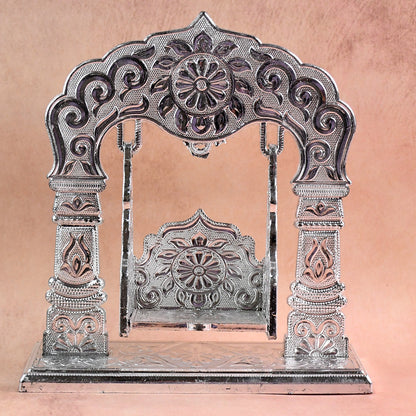 Wukusy Shreeji Bal Gopal Jhula, a single wooden swing with intricate carvings, designed for devotional display.