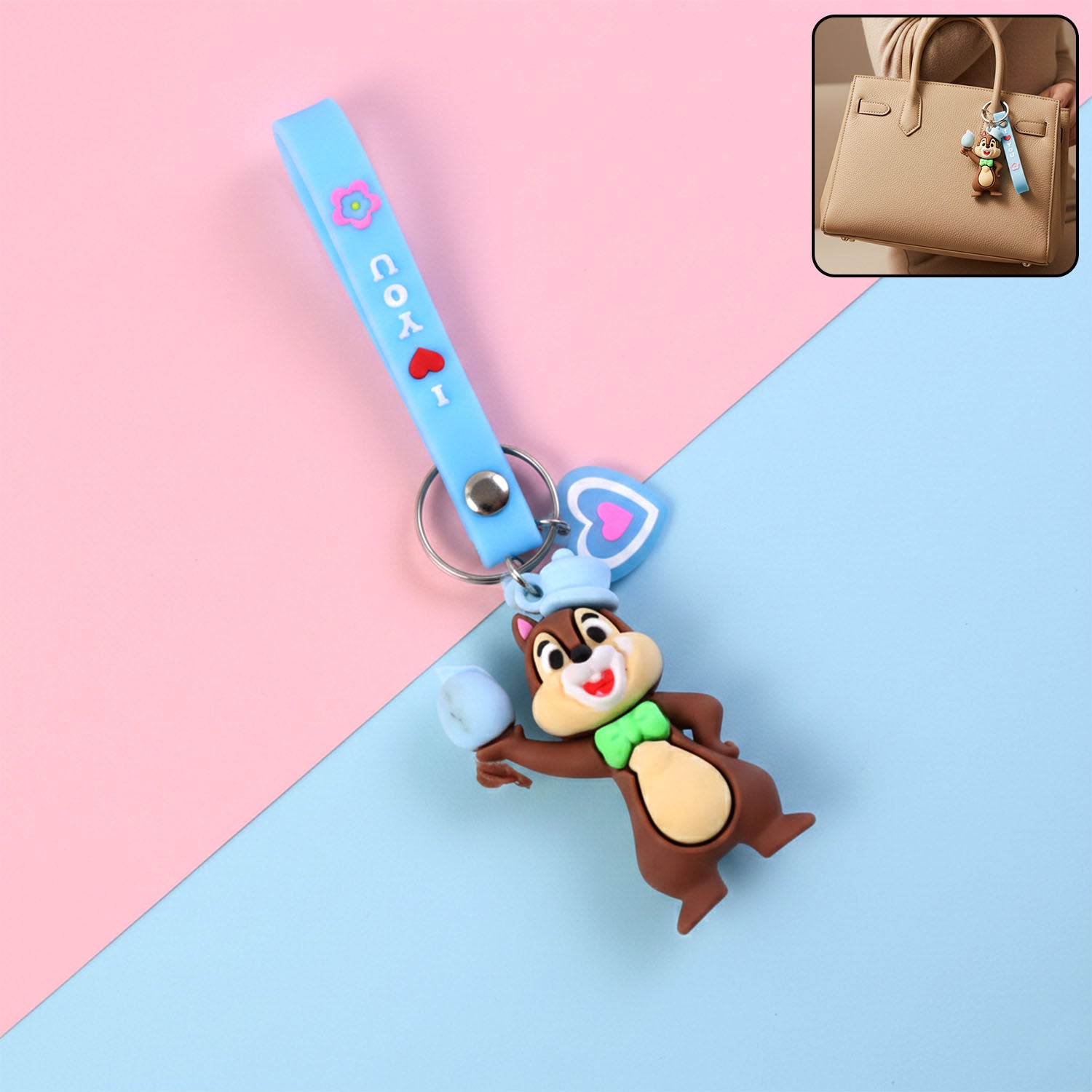 Cute cartoon squirrel character keychain from Wukusy featuring a detailed squirrel design on a keyring.