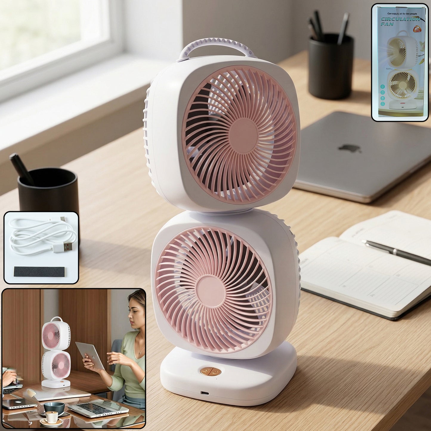 Wukusy portable dual head USB rechargeable table fan with adjustable heads and compact design, ideal for personal cooling.