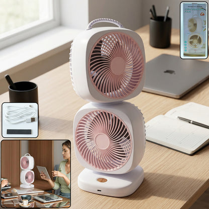 Wukusy portable dual head USB rechargeable table fan with adjustable heads and compact design, ideal for personal cooling.