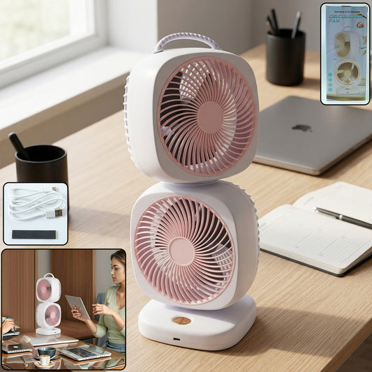 Wukusy portable dual head USB rechargeable table fan with adjustable heads and compact design, ideal for personal cooling.