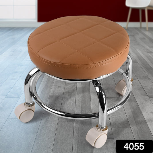 Wukusy heavy duty steel base round rolling stool with wheels, ideal for pedicure or home improvement tasks, shown from side angle.