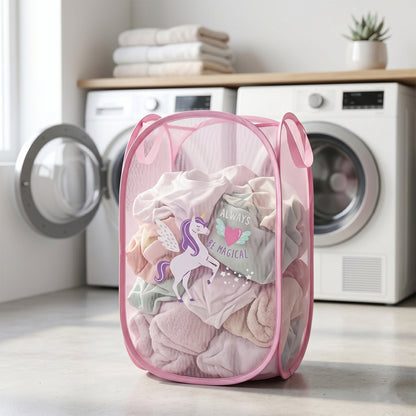 Wukusy foldable kids laundry basket with unicorn design, 36x36x58 cm, featuring a colorful, playful unicorn image for children's room storage.