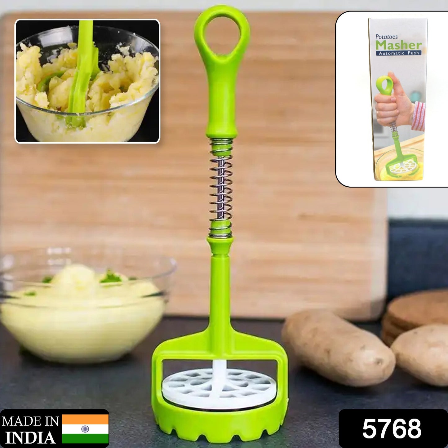 Wukusy multi-functional plastic mashed potato masher with comfort grip and stainless-steel spring for easy mashing in nonstick pans.