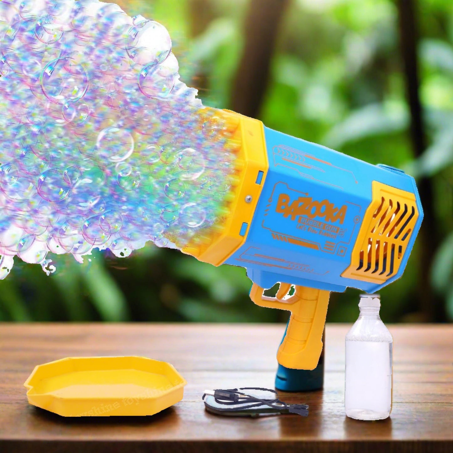 Wukusy 17923 Bubble Gun Toy with 69 holes, rechargeable and powerful, for kids and adults, colorful rocket-shaped bubble blower