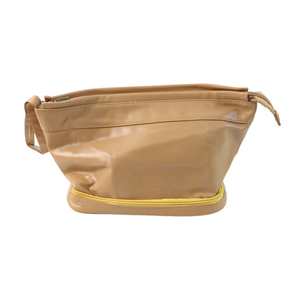 Wukusy spacious travel cosmetic makeup storage bag with multiple compartments for organizing beauty products and brushes.
