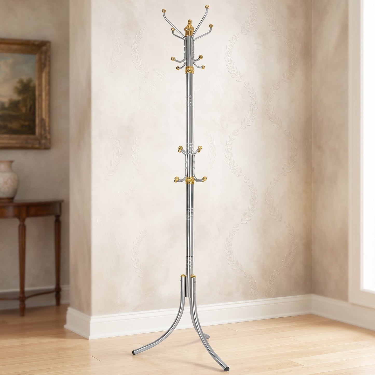Wukusy metal floor-standing coat rack with multiple hooks, standing on a flat surface, for hanging coats, hats, and accessories.