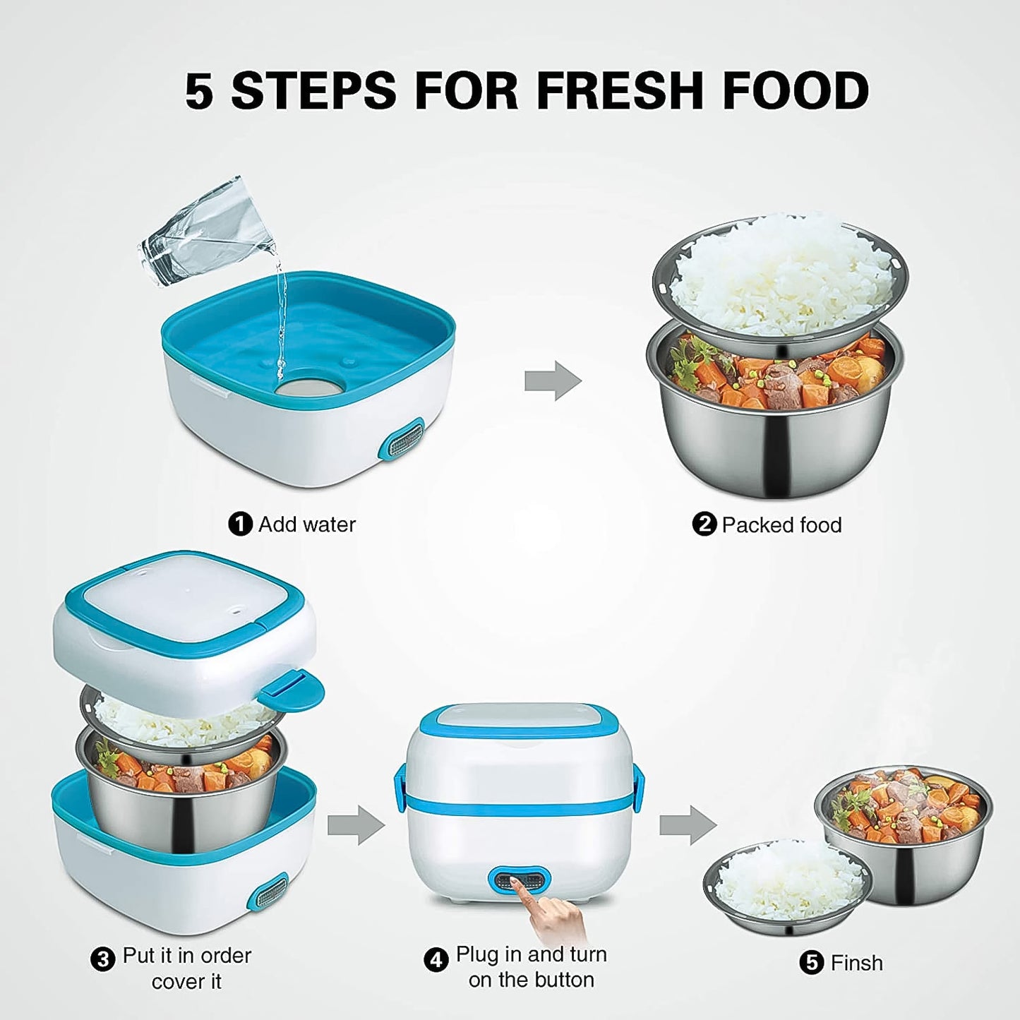 Wukusy 3-in-1 electric lunch box with stainless steel bowls, food heater, cooker, and steamer for home and kitchen use.