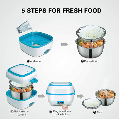Wukusy 3-in-1 electric lunch box with stainless steel bowls, food heater, cooker, and steamer for home and kitchen use.