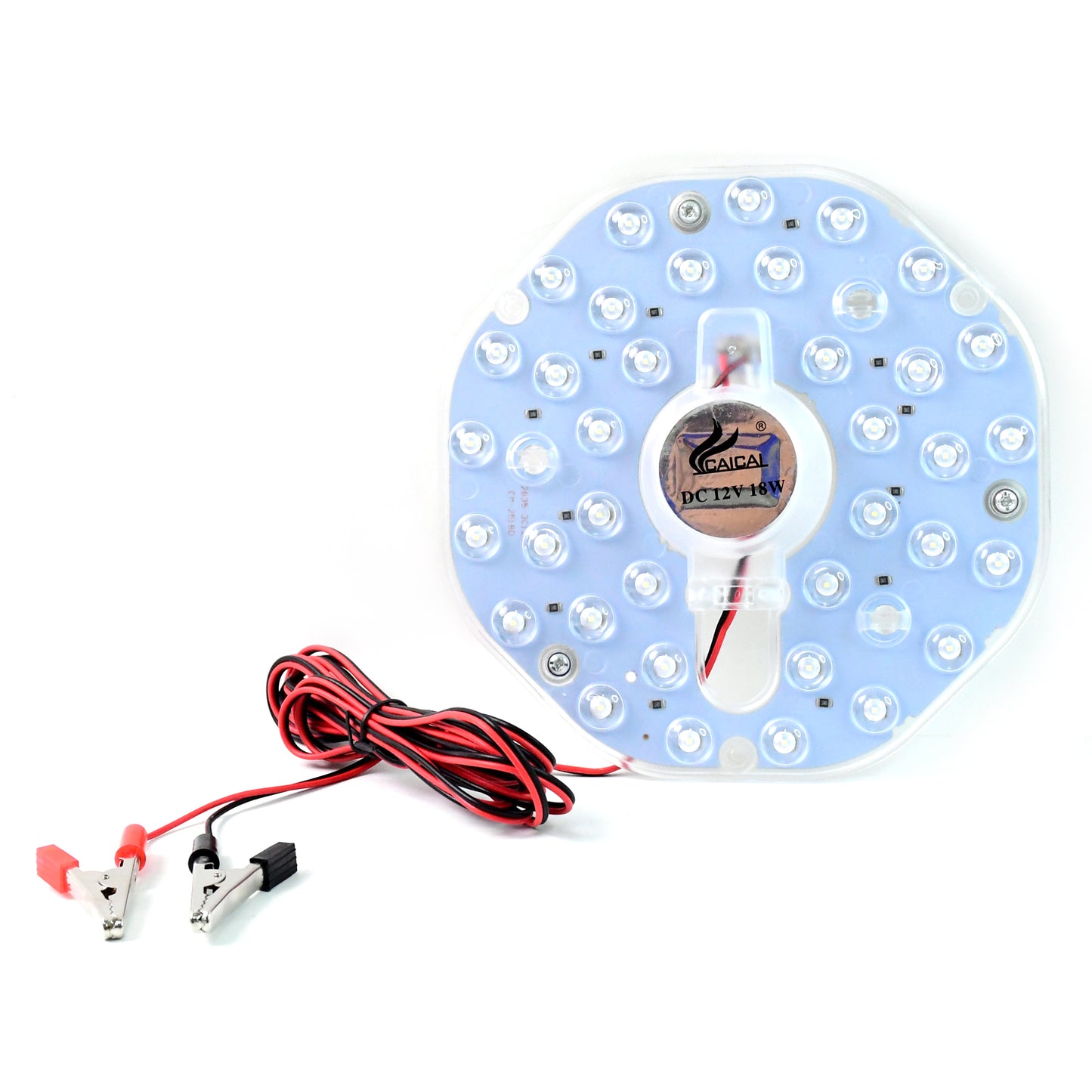 Wukusy 12V 18W round LED light module with clip wires, used for home decor lighting, showcasing bright illumination and compact design.
