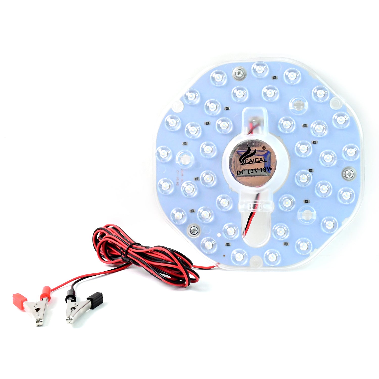 Wukusy 12V 18W round LED light module with clip wires, used for home decor lighting, showcasing bright illumination and compact design.