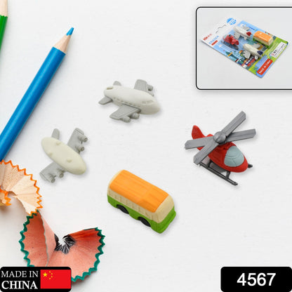 Set of four Wukusy vehicle pattern erasers for school stationery, featuring colorful vehicle designs on each eraser.