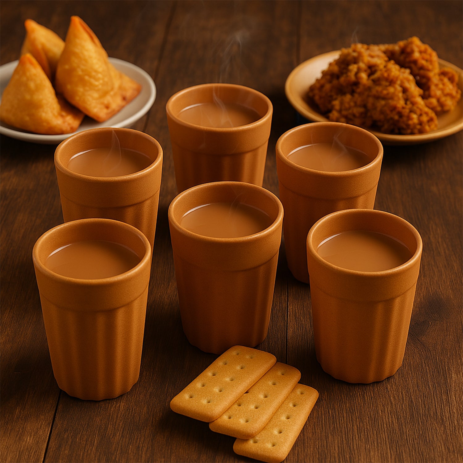 Set of six Wukusy Konvex Traditional Chai Cups, 125 ml each, displayed on a wooden surface for home and kitchen use.
