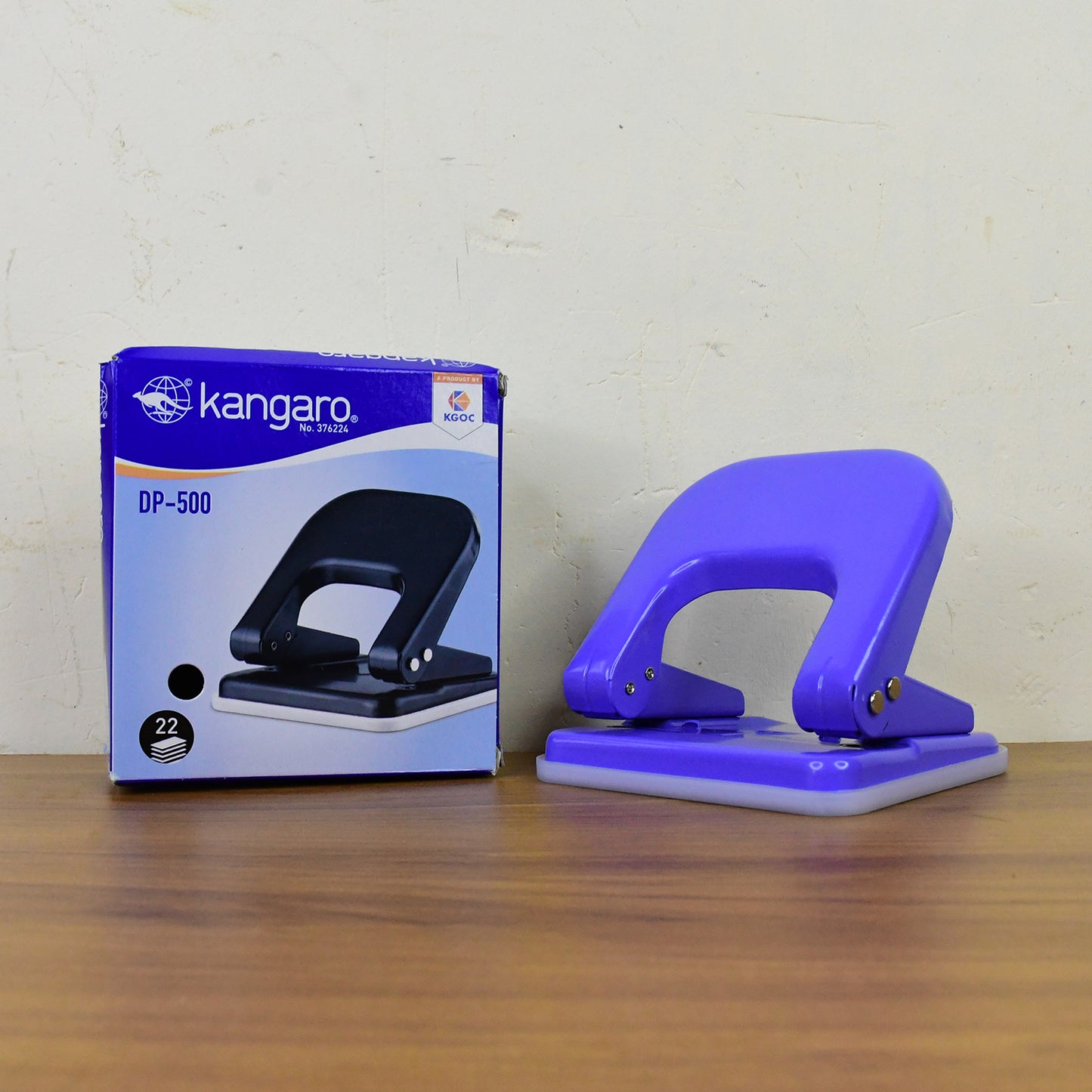 Wukusy Kangaro DP-500 heavy duty two-hole punch machine with durable metal base, shown for precise paper punching.