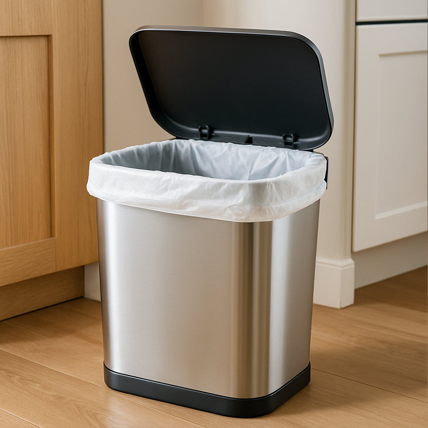 Wukusy premium garbage bag, 45x45 cm, for home and kitchen use, shown filled with trash in a kitchen setting
