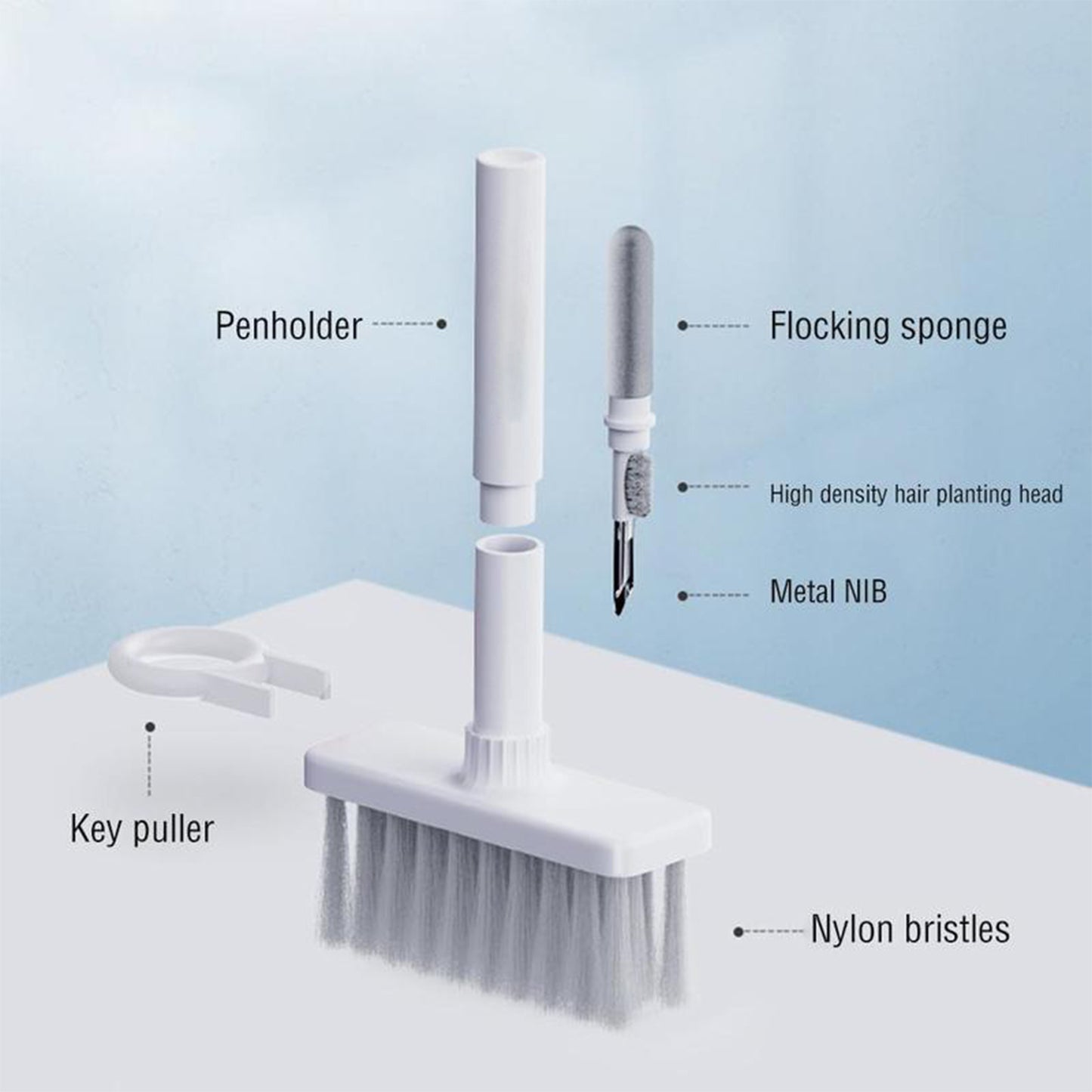 Wukusy 5-in-1 multi-function computer cleaning brush with dust duster, keycap puller, and corner gap cleaner for gamers and PC maintenance