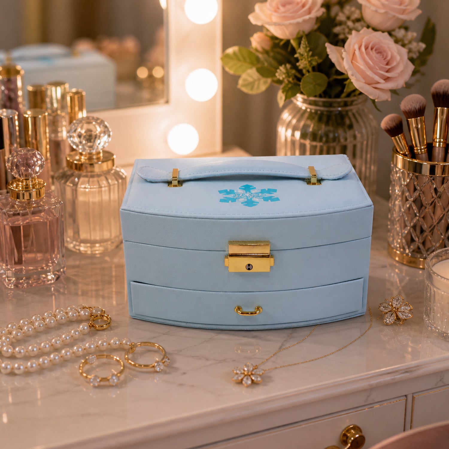 Wukusy premium multi-layer jewelry storage box with mirror showing compartments and elegant design for organizing jewelry.