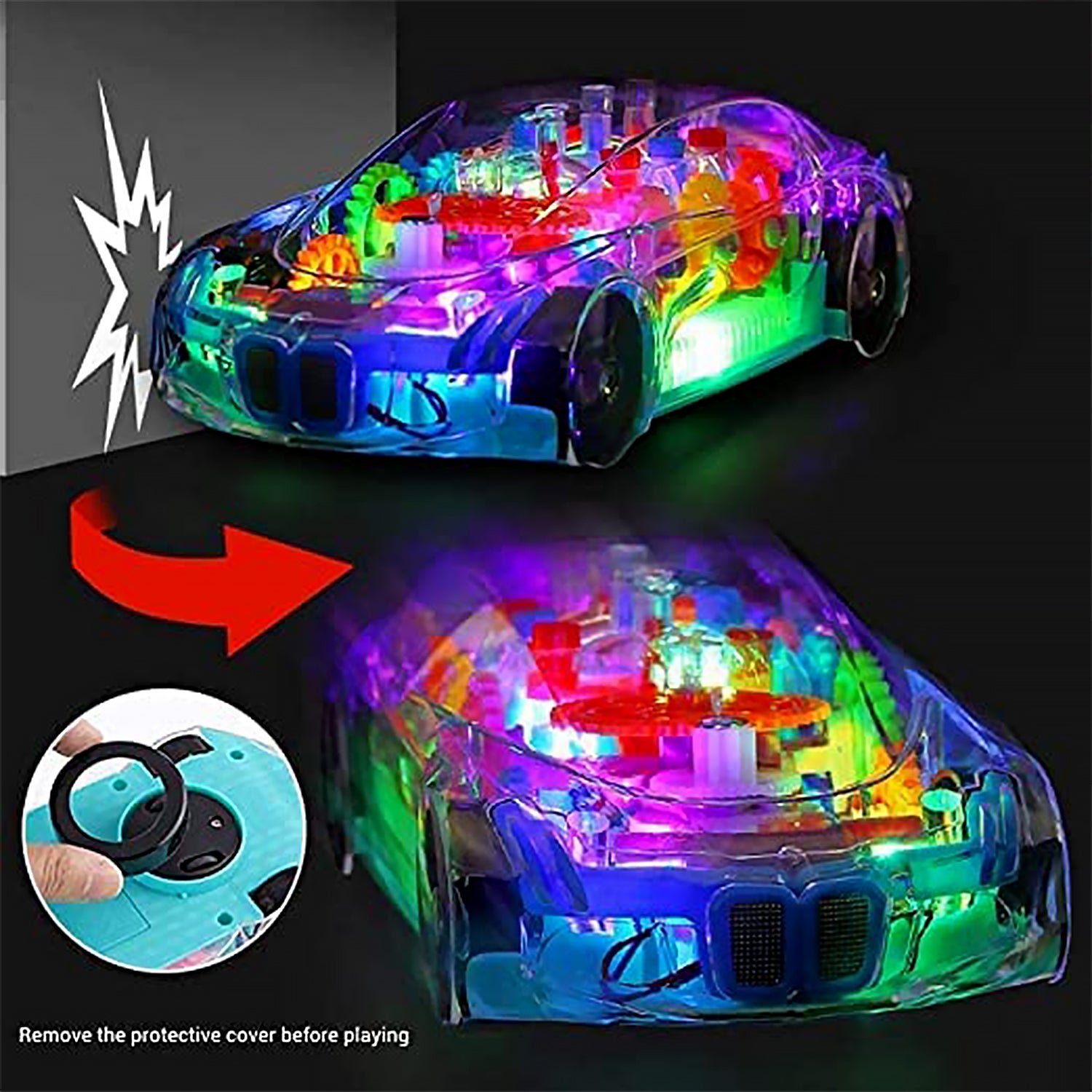 Wukusy 17793 automatic transparent gear concept car toy with 360-degree rotation, musical, and 3D flashing lights for kids and boys
