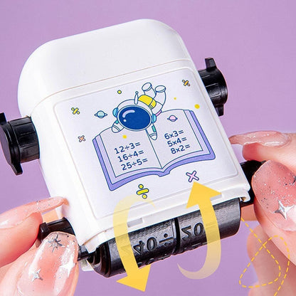 Kids educational Wukusy automatic math problem rolling stamp showing colorful number and math symbols on a white background.