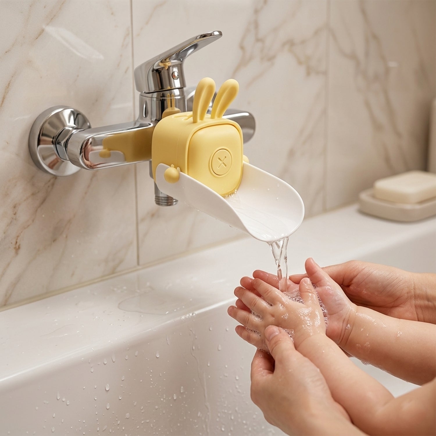 Wukusy cute faucet water tap extender for kids, showing a colorful, child-friendly design attached to a bathroom sink tap.