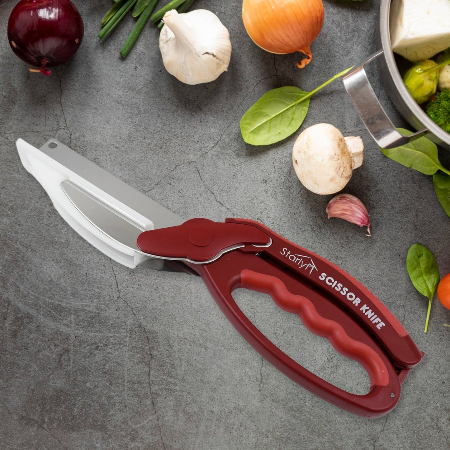 Wukusy 2-in-1 kitchen knife scissors with spring lock hinge and chopping board, compact kitchen tool for cutting and slicing.