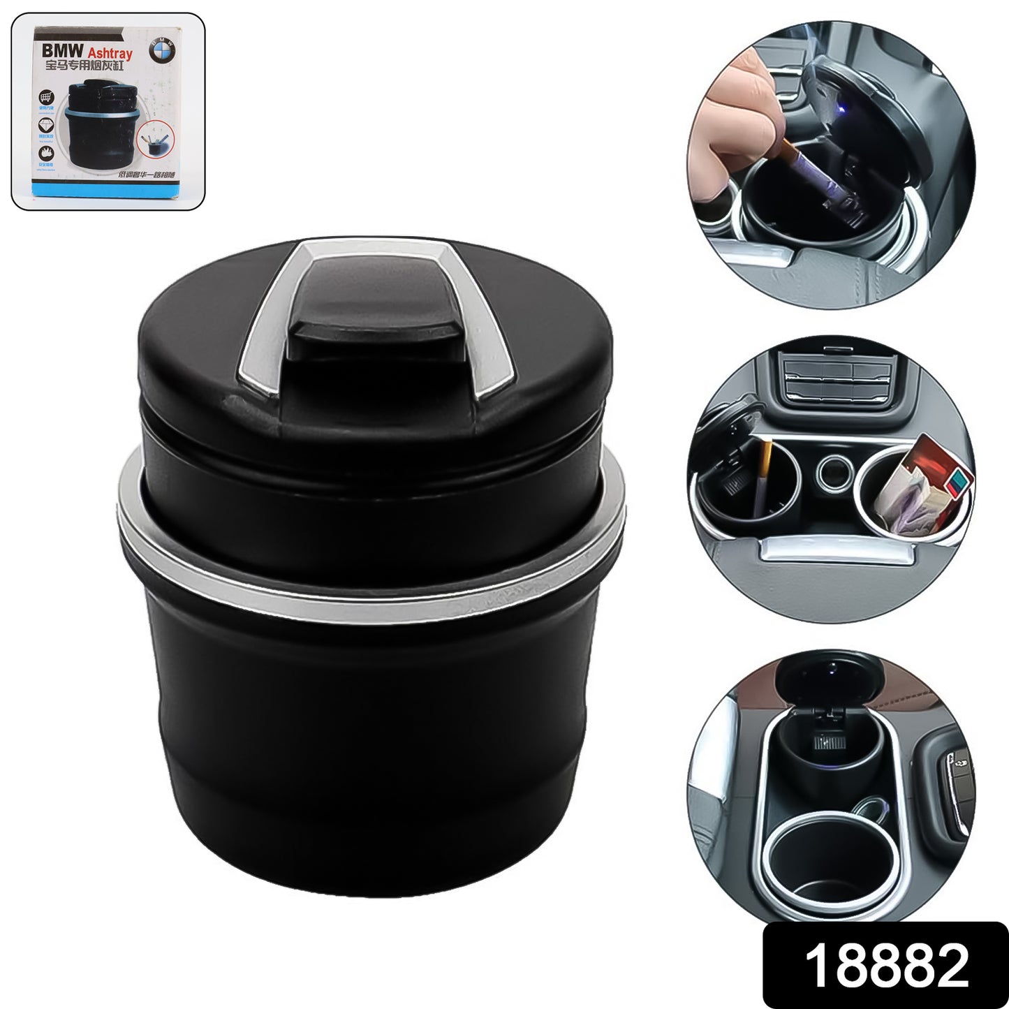 Wukusy portable car ashtray with lid and blue LED light, shown with open lid and sleek design in a color box.
