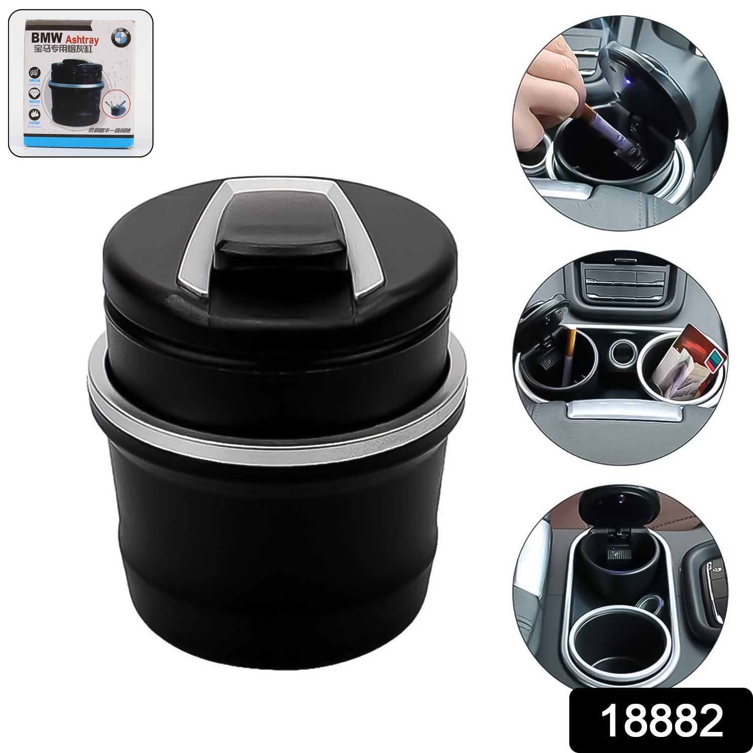 Wukusy portable car ashtray with lid and blue LED light, shown with open lid and sleek design in a color box.