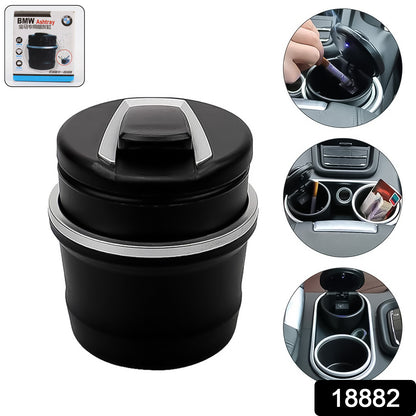 Wukusy portable car ashtray with lid and blue LED light, shown with open lid and sleek design in a color box.