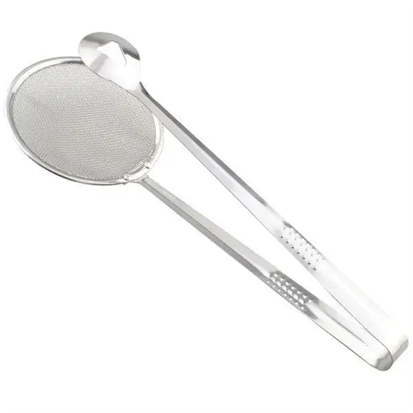 Ekom 2-in-1 stainless steel fry tool with clip, mesh strainer for oil frying, BBQ, and kitchen filtering tasks.