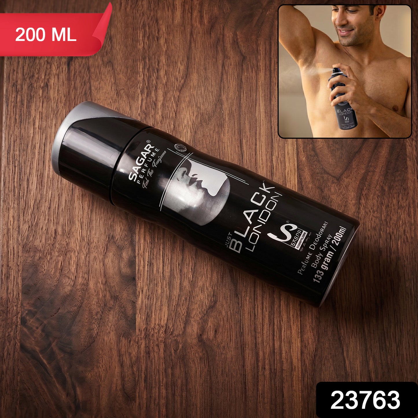 Wukusy Sagar Just Black London perfume body spray for men, 200ml, with sleek black bottle and modern design.