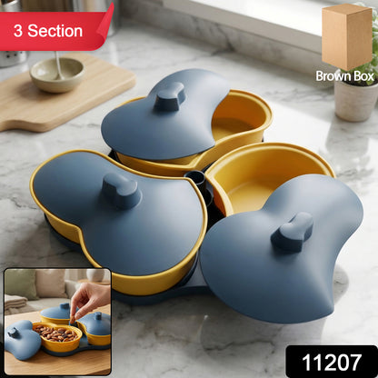Wukusy multipurpose 3-section snack serving tray with lid, featuring three compartments for snacks and a secure lid for storage.
